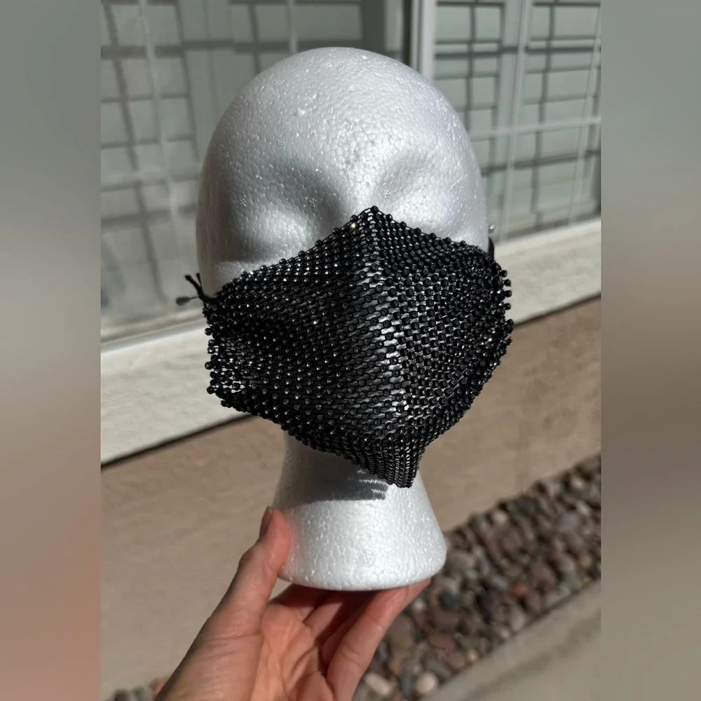 Beaded Black Rhinestone Face Mask